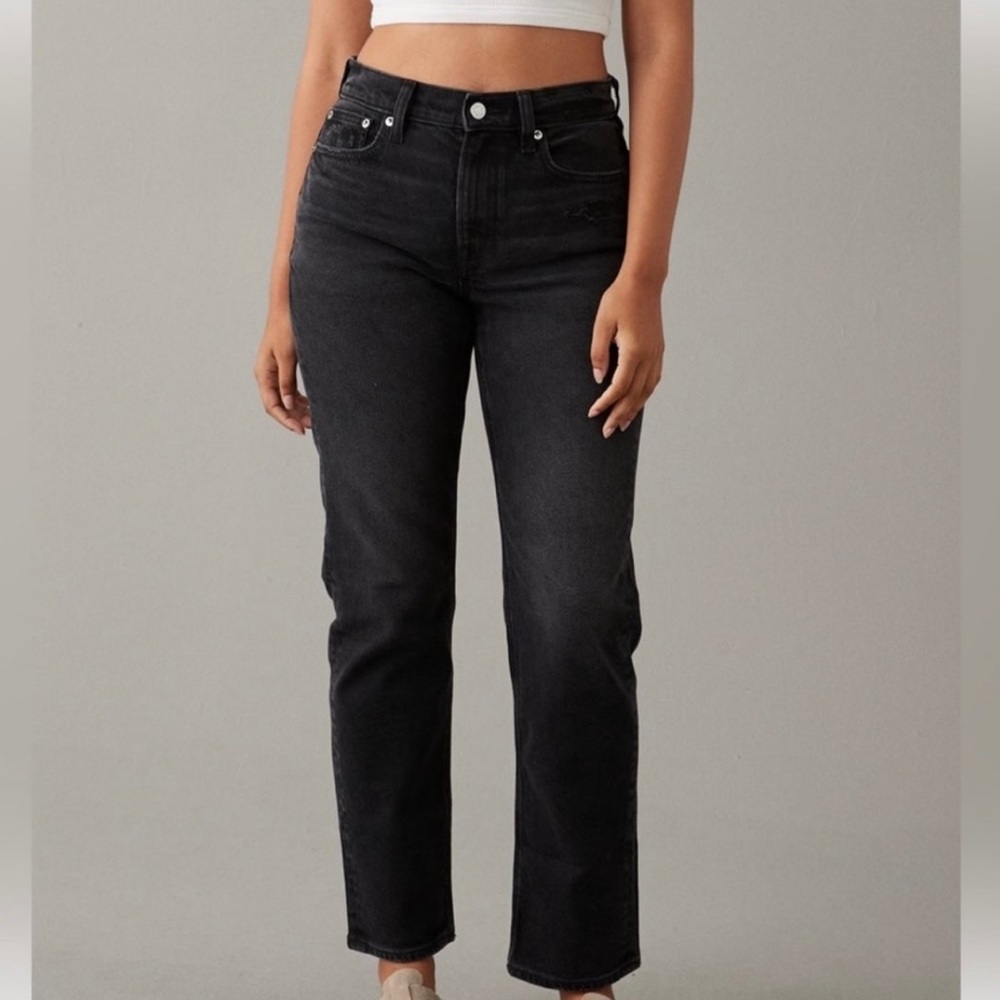 NEW American Eagle Stretch Super High waisted ankle Straight Jean Black Size 18